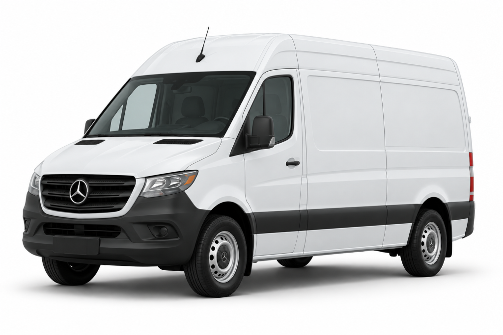 White Mercedes-Benz Sprinter cargo van, front three-quarter view — True Racks vehicle selection