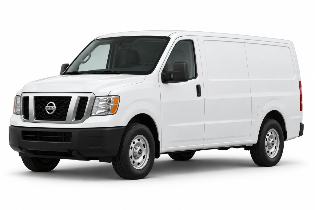 White Nissan NV Cargo van, front three-quarter view — True Racks vehicle selection