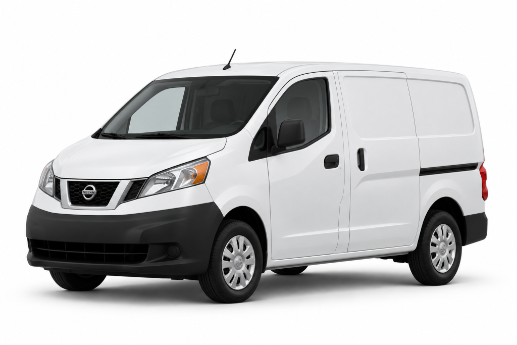 White Nissan NV200 cargo van, front three-quarter view — True Racks vehicle selection
