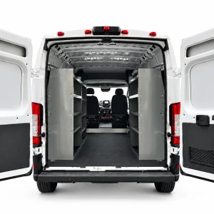 RAM ProMaster steel shelving package VA6016-3P with three units installed along both cargo walls, viewed through the rear doors