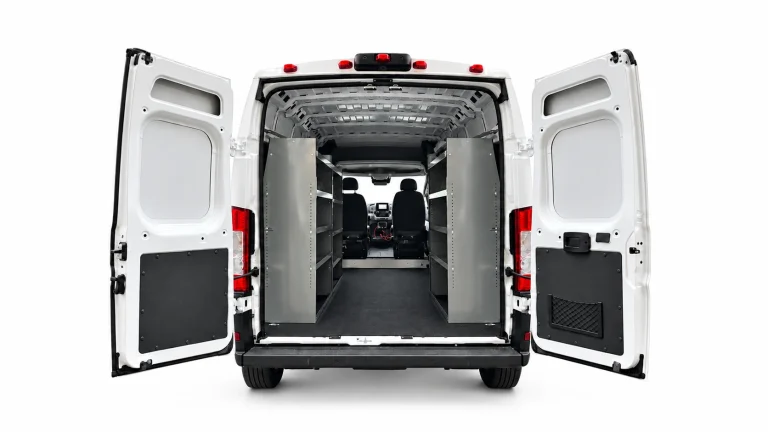 RAM ProMaster steel shelving package VA6016-3P with three units installed along both cargo walls, viewed through the rear doors