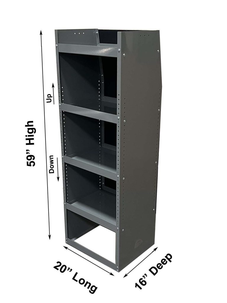 RAM ProMaster storage shelf tower with four adjustable shelves and 59 by 20 by 16 inch dimensions