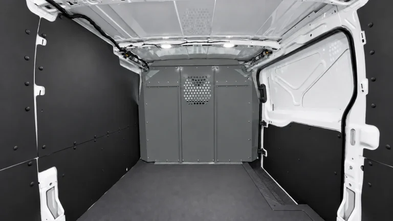 Ford Transit low roof partition VP-FTL in RAL 7005 Mouse grey, viewed from the cargo area