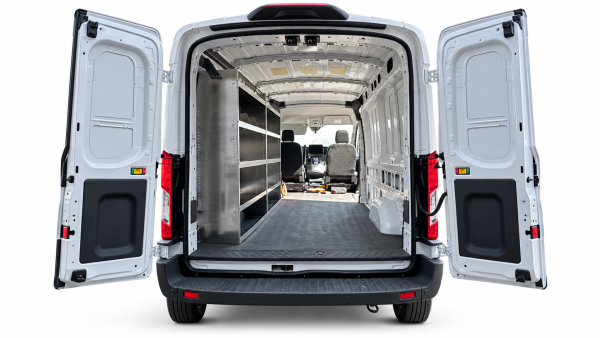 Ford Transit aluminum shelving set of 2 installed on the driver side, viewed through the open rear doors.