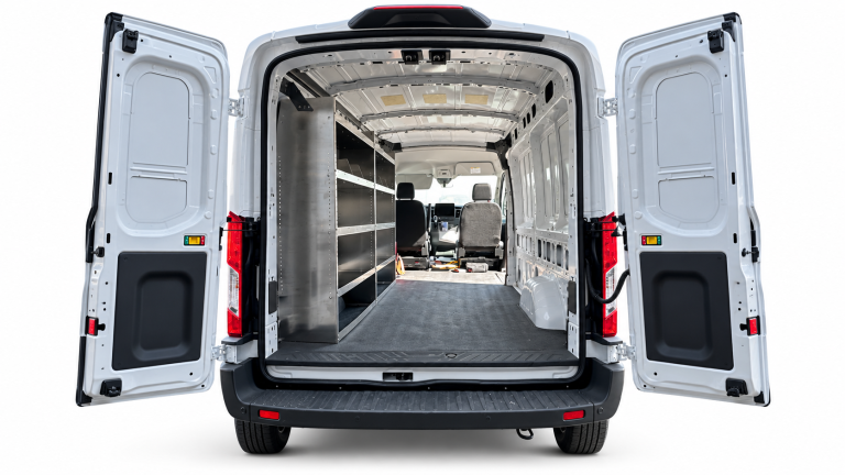Ford Transit aluminum shelving set of 2 installed on the driver side, viewed through the open rear doors.