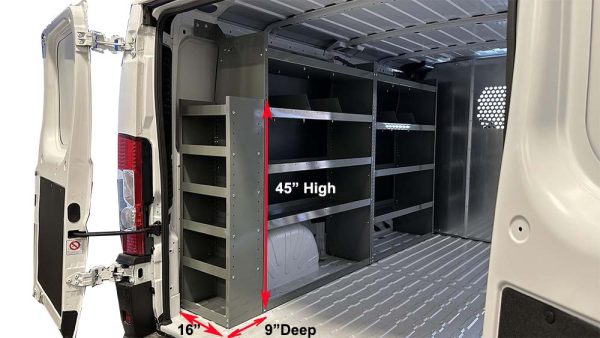 45ST-16-9 steel end shelf tower beside van shelving, with a 45-inch height marker