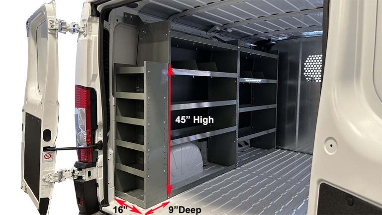 45ST-16-9 steel end shelf tower beside van shelving, with a 45-inch height marker
