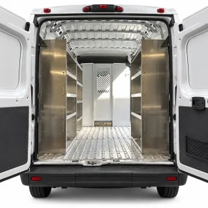 RAM ProMaster aluminum shelving package with three units installed along both cargo walls, viewed through the rear doors