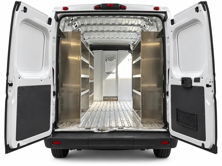 RAM ProMaster aluminum shelving package with three units installed along both cargo walls, viewed through the rear doors