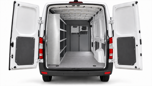Mercedes-Benz Sprinter aluminum shelving set of 2 installed along the driver side, viewed through the open rear doors.