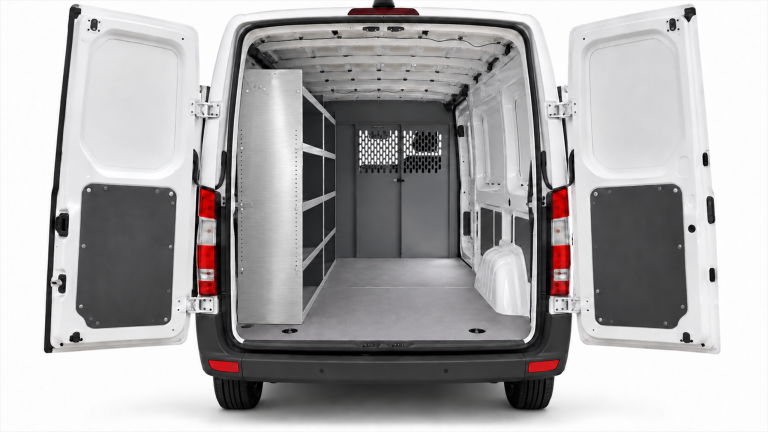 Mercedes-Benz Sprinter aluminum shelving set of 2 installed along the driver side, viewed through the open rear doors.