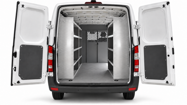 Mercedes-Benz Sprinter aluminum shelving set of 3 with two driver-side units and one passenger-side unit, viewed from the rear.