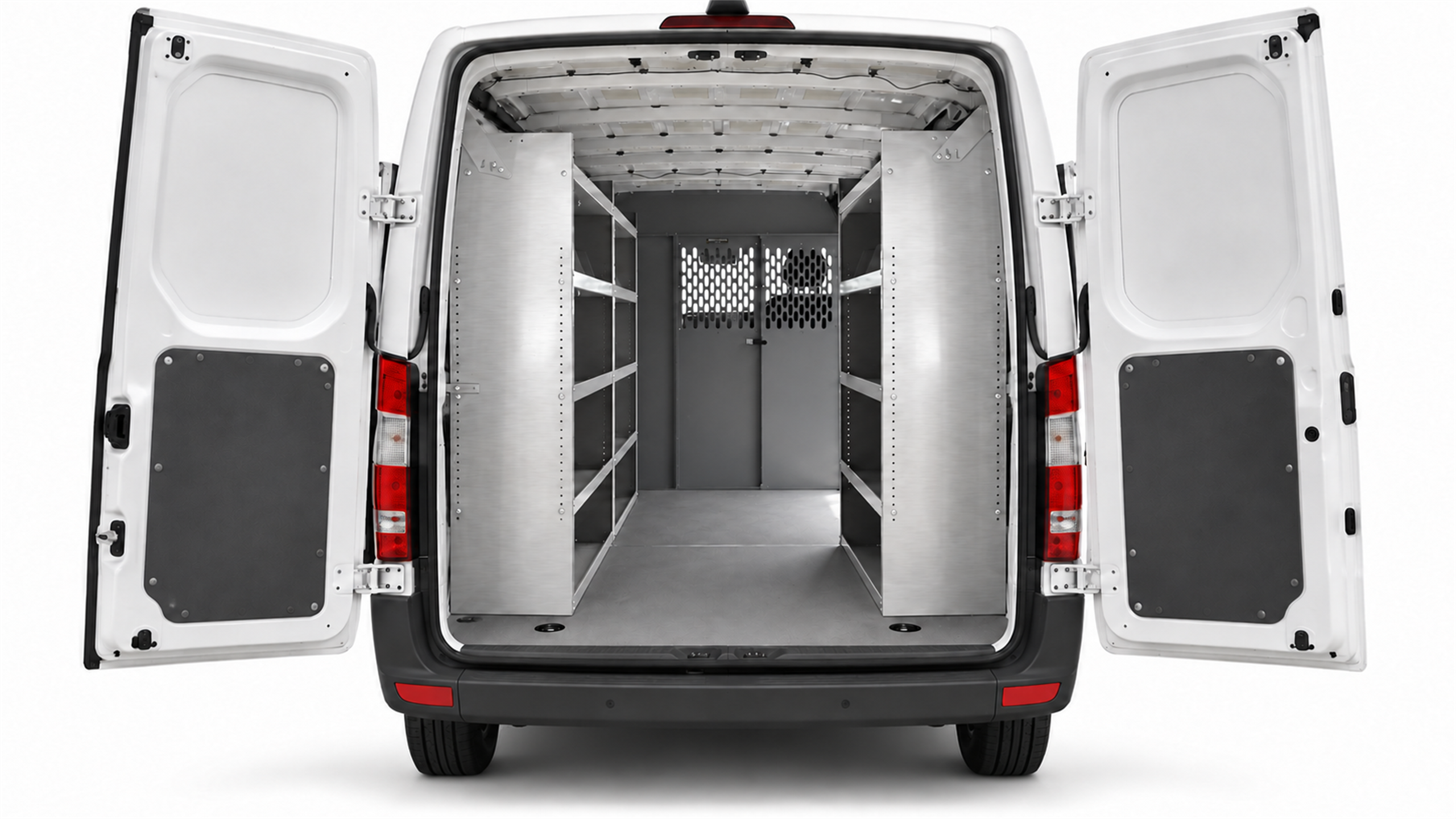 Mercedes-Benz Sprinter aluminum shelving set of 3 with two driver-side units and one passenger-side unit, viewed from the rear.