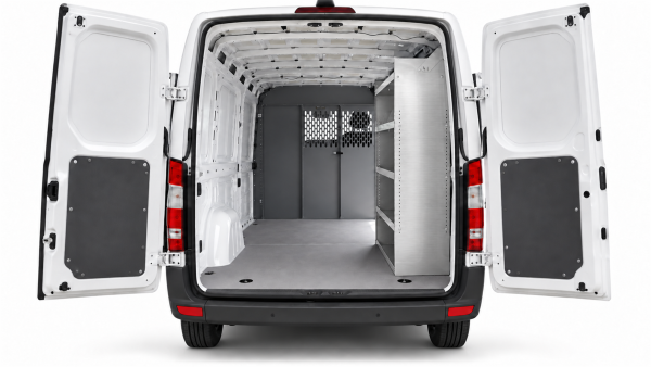 Mercedes-Benz Sprinter aluminum shelving unit installed on the passenger side, viewed through the open rear doors.