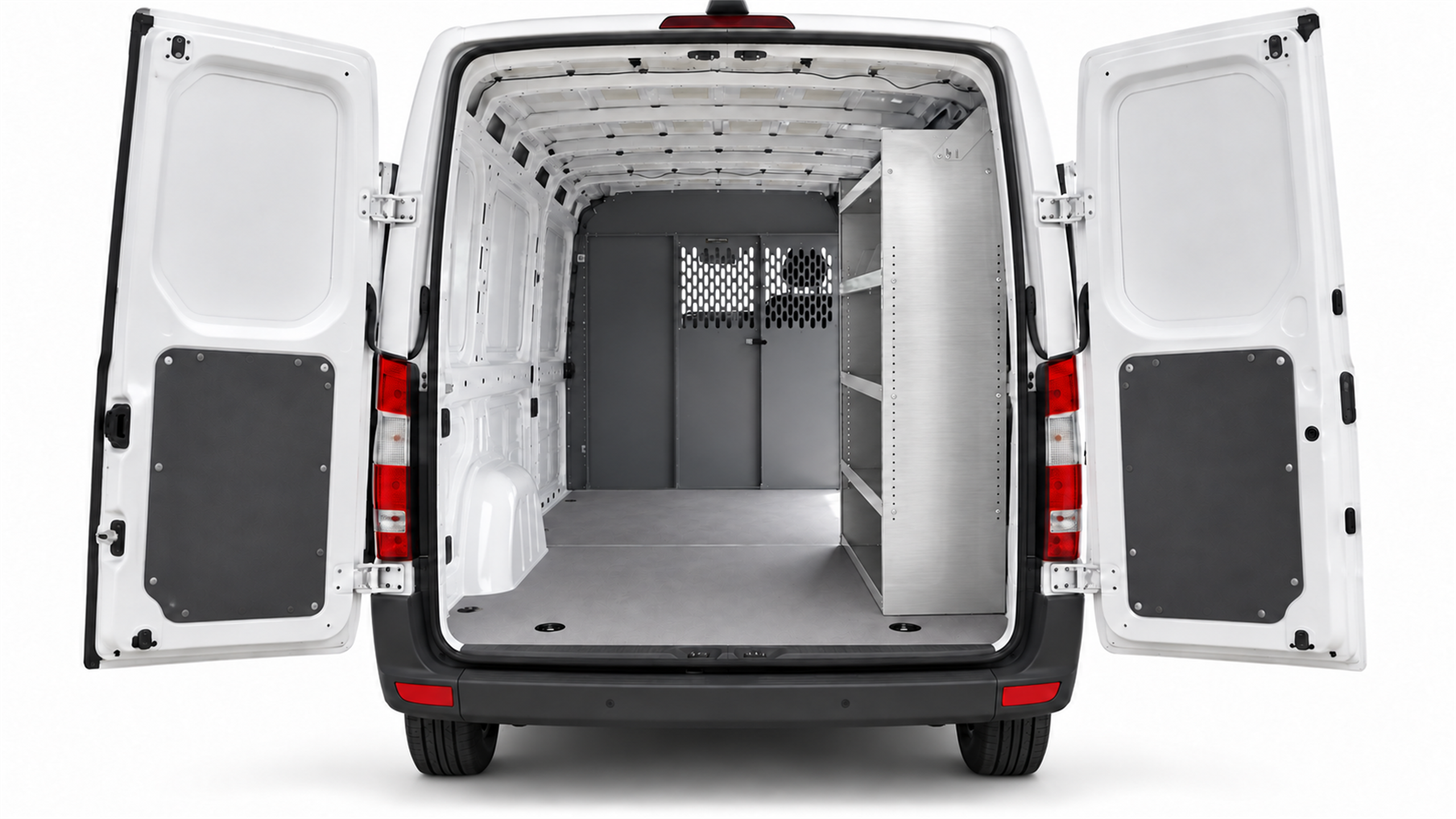 Mercedes-Benz Sprinter aluminum shelving unit installed on the passenger side, viewed through the open rear doors.