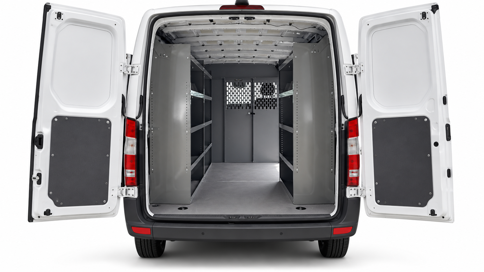 Mercedes-Benz Sprinter steel shelving set of 3 with two driver-side units and one passenger-side unit, viewed from the rear.