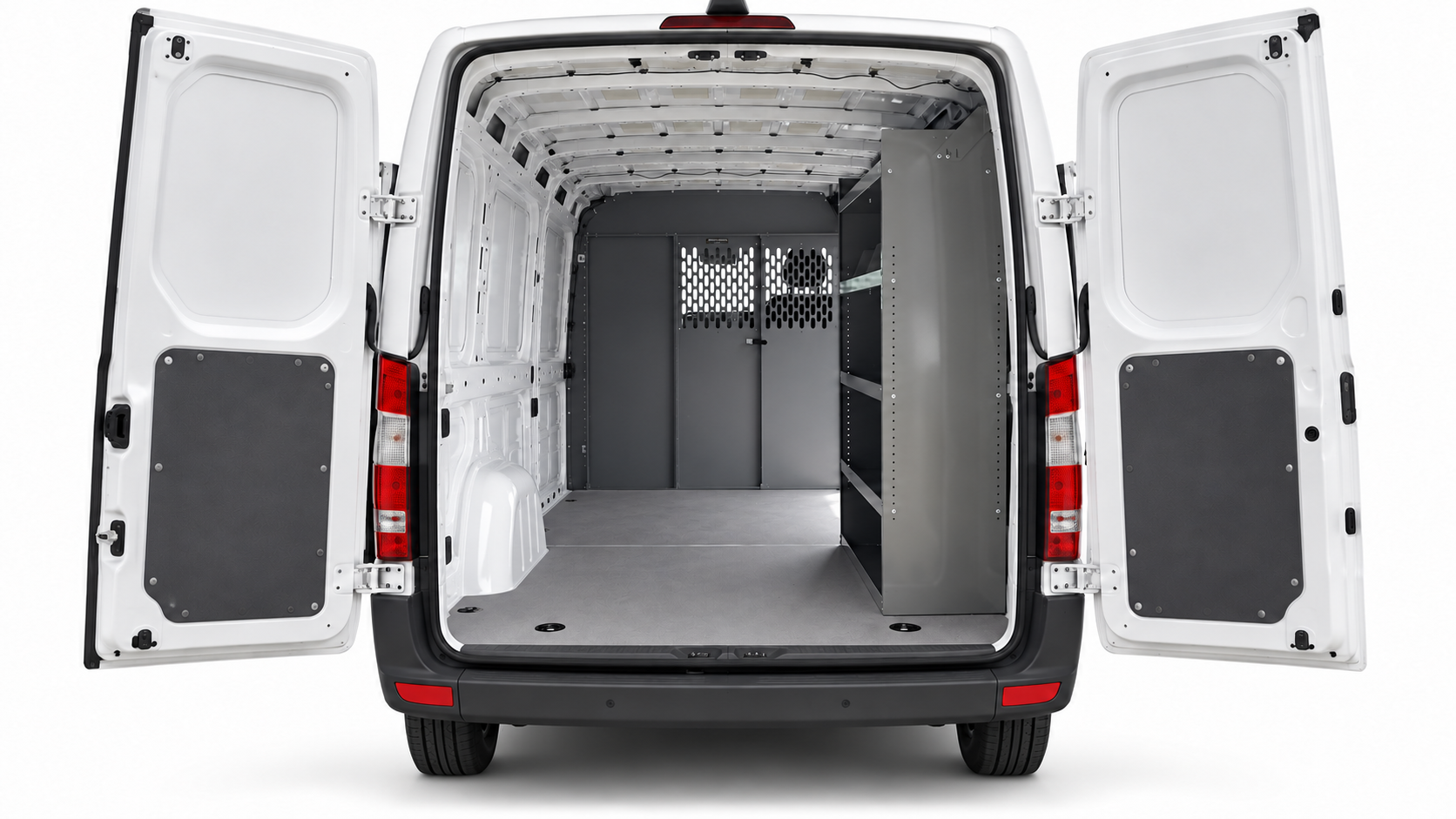 Mercedes-Benz Sprinter steel shelving unit installed on the passenger side, viewed through the open rear doors.