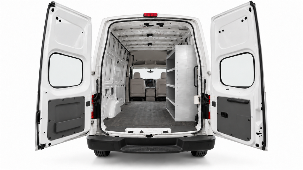 Nissan NV aluminum shelving unit installed on the passenger side of a High Roof cargo van, viewed through the rear doors