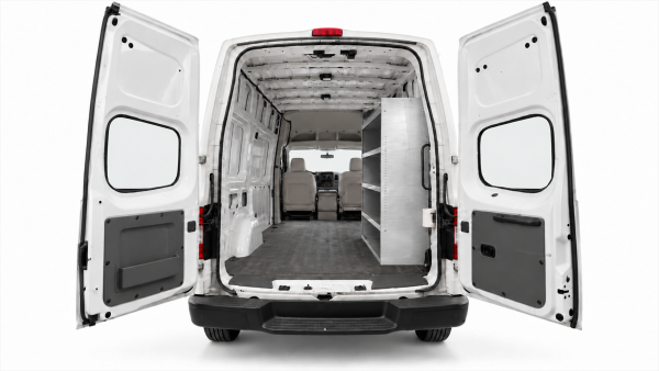 Nissan NV aluminum shelving unit installed on the passenger side of a High Roof cargo van, viewed through the rear doors