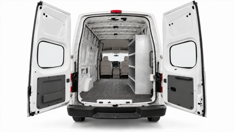 Nissan NV aluminum shelving unit installed on the passenger side of a High Roof cargo van, viewed through the rear doors