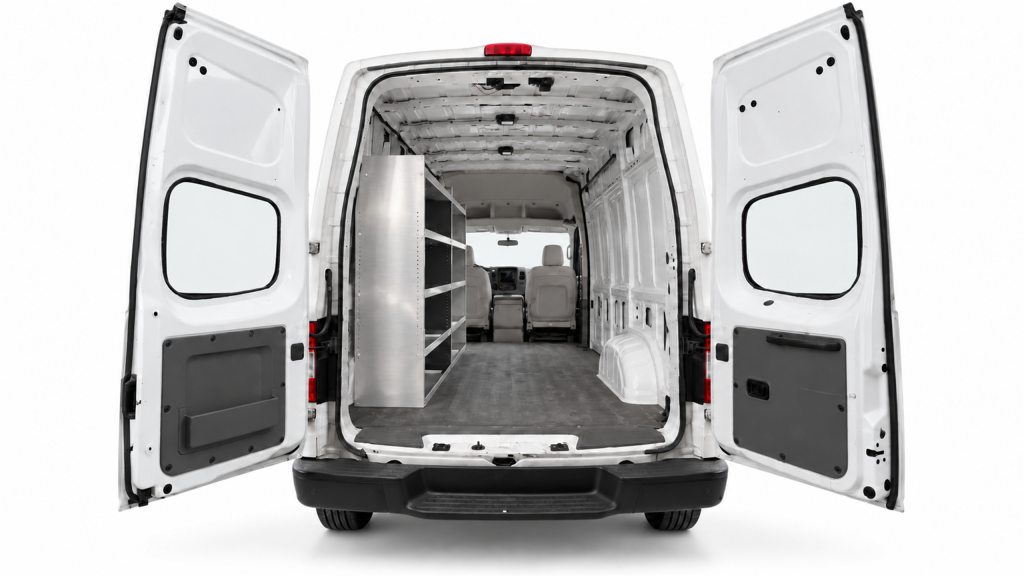 Nissan NV aluminum shelving set of 2 installed along the driver side of a High Roof cargo van, viewed through the rear doors