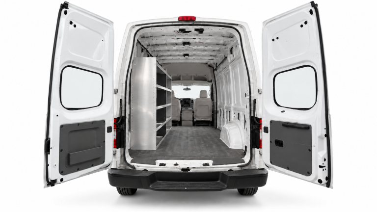 Nissan NV aluminum shelving set of 2 installed along the driver side of a High Roof cargo van, viewed through the rear doors