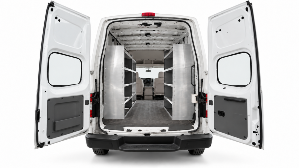 Nissan NV aluminum shelving set of 3 in a High Roof cargo van, with two driver-side units and one passenger-side unit