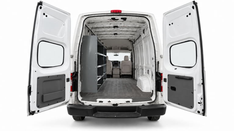 Nissan NV Cargo steel shelving set of 2 installed along the driver side, viewed from the rear of a High Roof van.