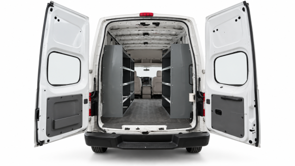 Nissan NV Cargo steel shelving set of 3 in a High Roof van, with two units on the driver side and one on the passenger side.