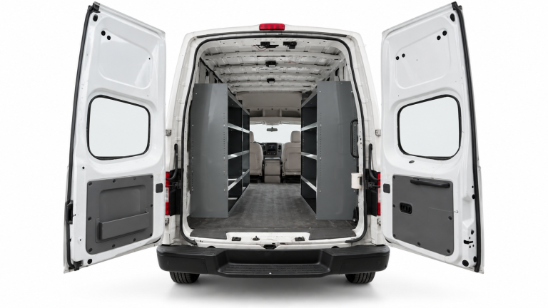 Nissan NV Cargo steel shelving set of 3 in a High Roof van, with two units on the driver side and one on the passenger side.