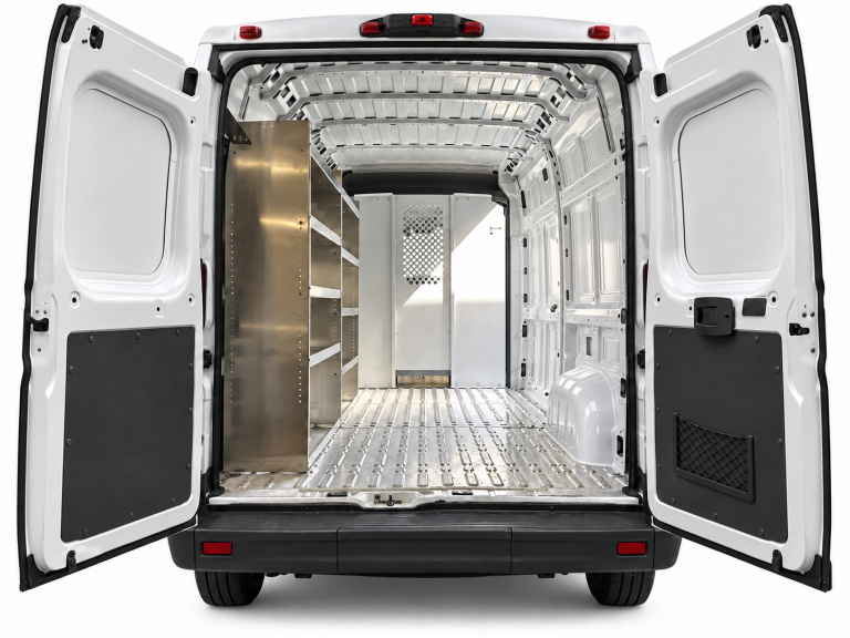 RAM ProMaster aluminum shelving set of 2 installed along the driver side, viewed through the open rear doors