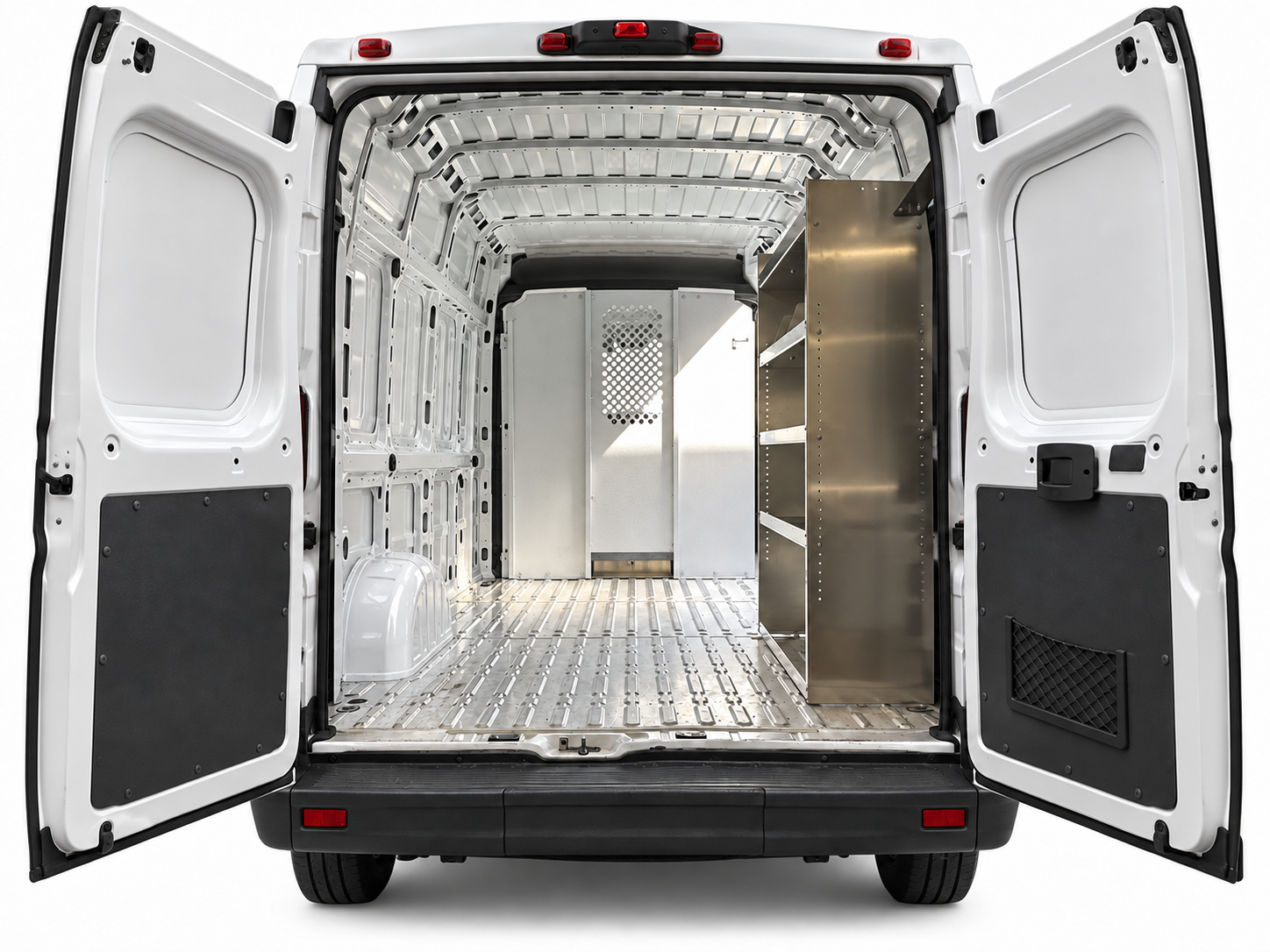 RAM ProMaster aluminum shelving unit installed on the passenger side, viewed through the open rear doors