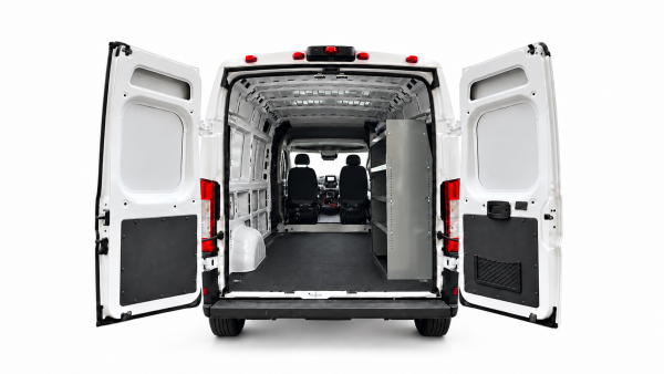 RAM ProMaster steel shelving unit installed on the passenger side, viewed through the rear doors
