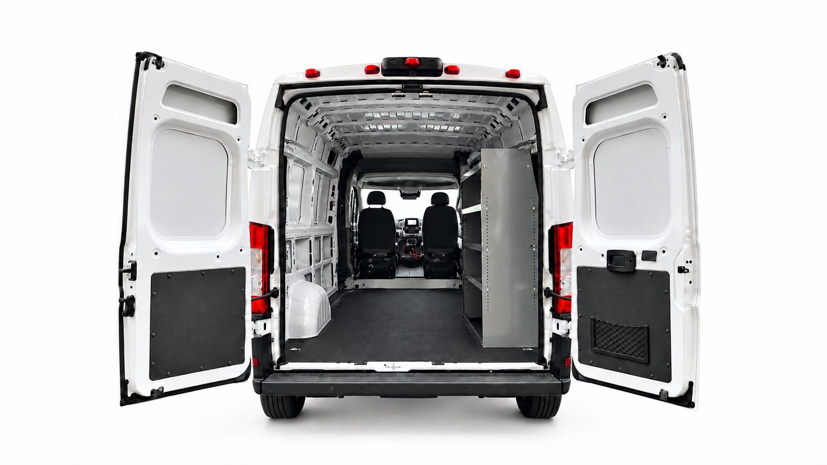 RAM ProMaster steel shelving unit installed on the passenger side, viewed through the rear doors