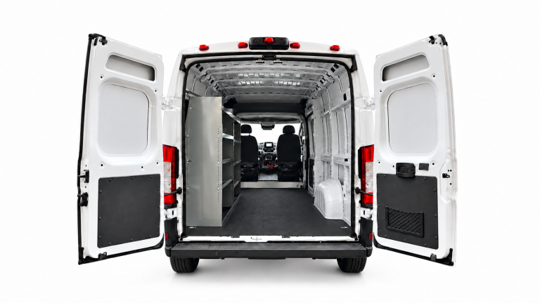 RAM ProMaster steel shelving set of 2 installed along the driver side, viewed through the rear doors